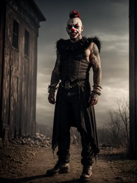 (Highest Quality, 4k, masterpiece, Amazing Details:1.1), standing, post apocalypitic background at dawn, wearing wear out gothic clothes, Shallow Depth of Field, E671, lens 50mm f/2.0, ((male_horror_clown)), pircings, tatoos, red glowing snake eyes, (realistic scales, detailed scales texture:1.2),studded bracelet, ((photorealistic) (RAW Photo)), (on the last day on eath), angry, evil smile, ((gothic))