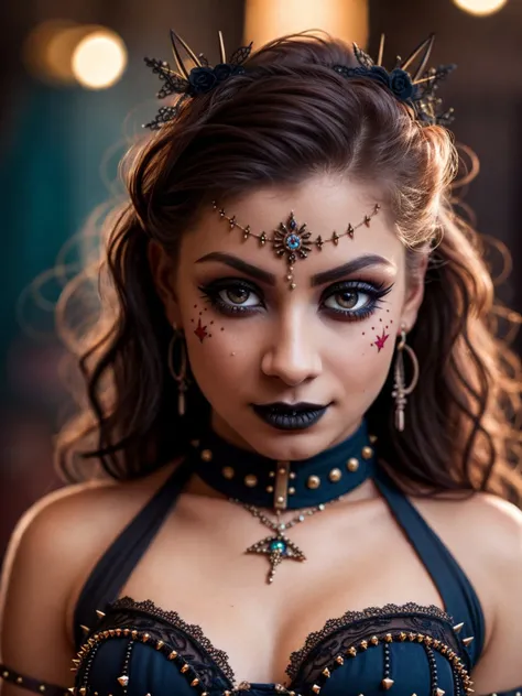 (Highest Quality, 4k, masterpiece, Amazing Details:1.1), wearing wear out circus clothes, Shallow Depth of Field, E671, lens 50mm f/2.0, ((beautiful_young_woman)), pircings, studded bracelet, (photorealistic) (RAW Photo)), angry, evil smile, ((gothic_circus)), skimpy