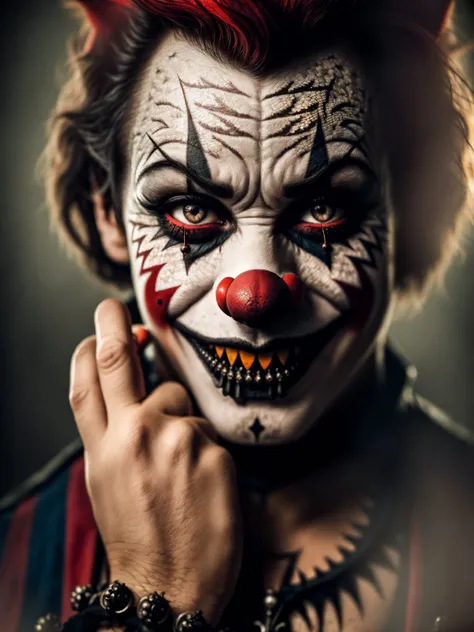 (Highest Quality, 4k, masterpiece, Amazing Details:1.1), (wearing wear out gothic_circus_clothes), Shallow Depth of Field, E671, lens 50mm f/2.0, ((male_horror_clown_wolf)), pircings, tatoos, red glowing snake eyes, (realistic scales, detailed scales texture:1.2),studded bracelet, ((photorealistic) (RAW Photo)), (on the last day on eath), angry, evil smile, ((gothic circus))