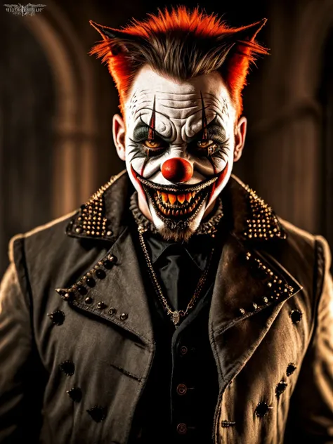(Highest Quality, 4k, masterpiece, Amazing Details:1.1), standing, post apocalypitic background at dawn, wearing wear out gothic clothes, Shallow Depth of Field, E671, lens 50mm f/2.0, ((male_horror_clown_wolf)), pircings, tatoos, red glowing snake eyes, (realistic scales, detailed scales texture:1.2),studded bracelet, ((photorealistic) (RAW Photo)), (on the last day on eath), angry, evil smile, ((gothic))