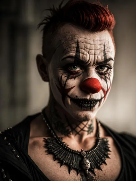 (Highest Quality, 4k, masterpiece, Amazing Details:1.1), standing, post apocalypitic  background at dawn, wearing wear out gothic clothes, Shallow Depth of Field, E671, lens 50mm f/2.0, ((male_horror_clown)), pircings, tatoos, red glowing snake eyes, (realistic scales, detailed scales texture:1.2),studded bracelet, ((photorealistic) (RAW Photo)), (on the last day on eath), angry, evil smile, ((gothic))