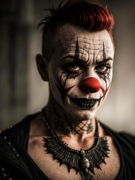 (Highest Quality, 4k, masterpiece, Amazing Details:1.1), standing, post apocalypitic background at dawn, wearing wear out gothic clothes, Shallow Depth of Field, E671, lens 50mm f/2.0, ((male_horror_clown)), pircings, tatoos, red glowing snake eyes, (realistic scales, detailed scales texture:1.2),studded bracelet, ((photorealistic) (RAW Photo)), (on the last day on eath), angry, evil smile, ((gothic))