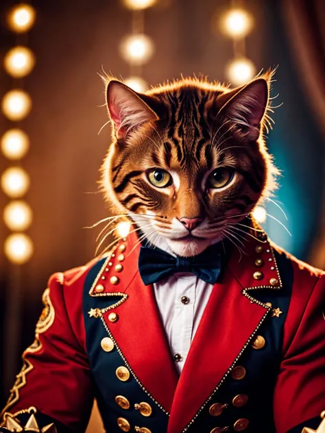 (Highest Quality, 4k, masterpiece, Amazing Details:1.1), wearing wear out circus_clothes, Shallow Depth of Field, E671, lens 50mm f/2.0, ((Cat_strongman)), pircings, studded bracelet, (detailed fur), (photorealistic) (RAW Photo)), angry, evil smile, ((gothic_circus))