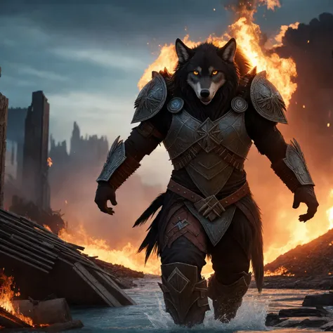 masterpiece, amazing quality, 4k, (detailed fenris wolf), (wearing runes armor), ragnarok, destroyed city after nuclear blast flodded with (black water:1.0), post apocalyptic, warzone, fire , smoke