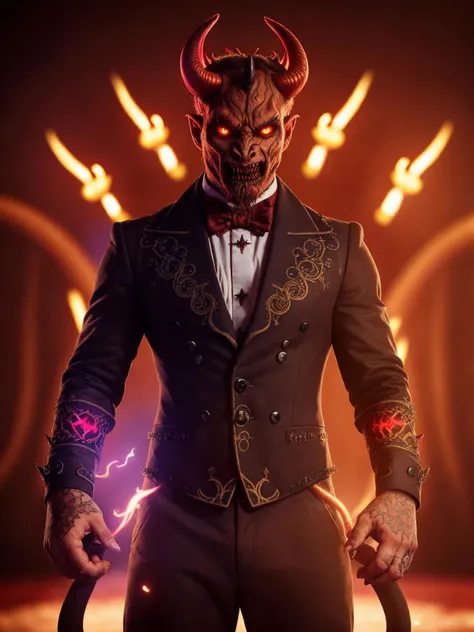 (Highest Quality, 4k, masterpiece, Amazing Details:1.1), wearing wear out circus_clothes, Shallow Depth of Field, E671, lens 50mm f/2.0, ((male_demon_magician_hell)), (((demon:1.3))) pircings, tattoos, red glowing snake eyes, (photorealistic) (RAW Photo), angry, evil smile, ((gothic circus)),