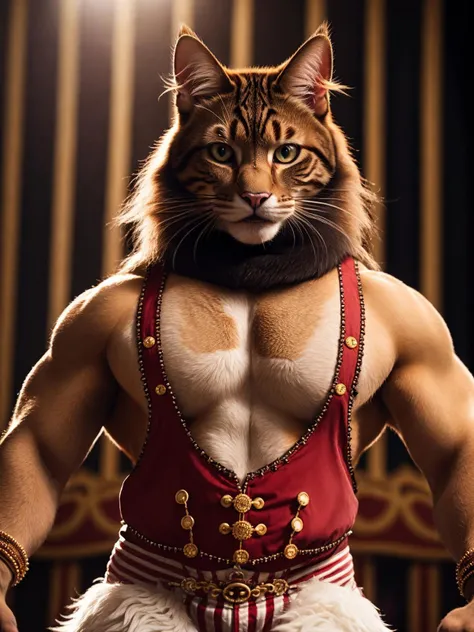 (Highest Quality, 4k, masterpiece, Amazing Details:1.1), wearing wear out circus clothes, Shallow Depth of Field, E671, lens 50mm f/2.0, ((cat_strongman_anthro_furry)), pircings, studded bracelet, (detailed fur) (photorealistic) (RAW Photo)), angry, evil smile, ((gothic_circus)), skimpy