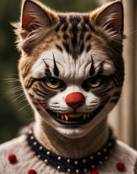 (Highest Quality, 4k, masterpiece, Amazing Details:1.1), standing, wearing wear out gothic clothes, Shallow Depth of Field, E671, lens 50mm f/2.0, ((horror_clown)), ((cat:1.2)), (detailed fur:1.3),studded bracelet, ((photorealistic) (RAW Photo)), angry, evil smile, ((gothic))