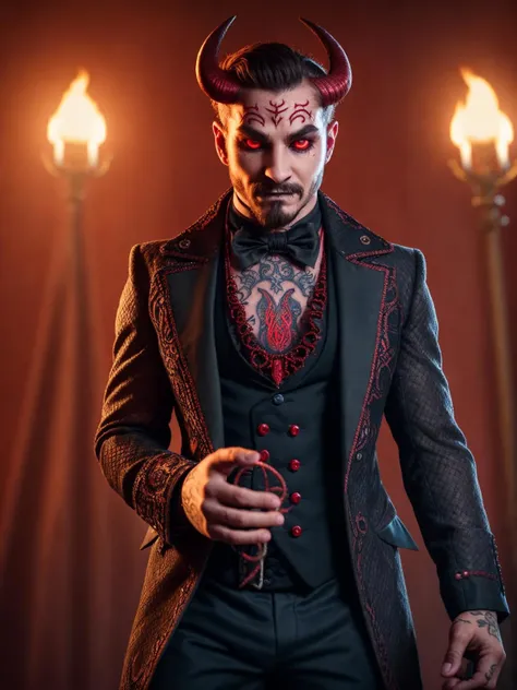 (Highest Quality, 4k, masterpiece, Amazing Details:1.1), wearing wear out circus_clothes, Shallow Depth of Field, E671, lens 50mm f/2.0, ((male_demon_magician_hell)), (((demon:1.3))) pircings, tattoos, red glowing snake eyes, (photorealistic) (RAW Photo), angry, evil smile, ((gothic circus)),