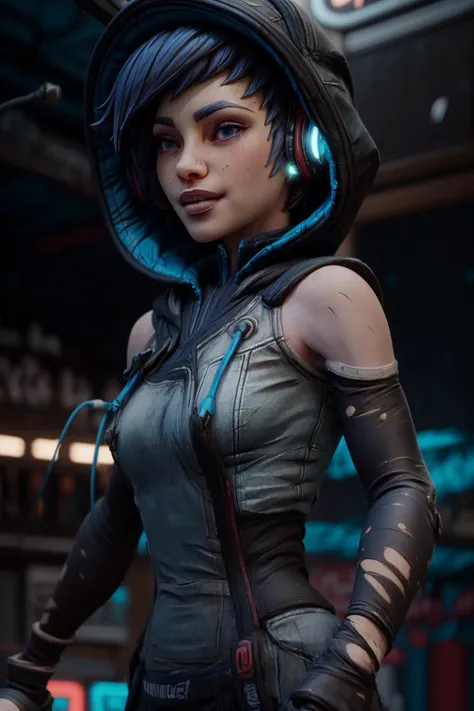 thin waist slim body, 1girl, solo,<lora:Ava:0.8> Ava, short blue hair, blue eyes, freckles , small nose ring, AGear, headphones,hood up, fingerless gloves ,pants ,shoes, at a nightclub close up, crop top, in a night club, (insanely detailed, beautiful detailed face, (bundle of glowing fiber optic cables:1.2), (best quality) ((high quality:1.2, masterpiece:1.2)), <hypernet:better2.5D:0.5> <lora:_add_detail:1>