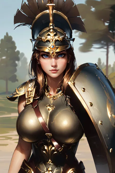 (masterpiece, best quality, ultra detailed, absurdres:1.5), 1girl, (sexy, beautiful woman, perfect face, perfect eyes, perfect female body, toned, large breasts:1.5), (h0pl1t3, armor, hoplite, helmet, shield, holding sword, <lora:h0pl1t3:0.75>, <lora:NSFWFilter:-1>), (standing, outdoors, forest), perfect lighting, smooth, hdr