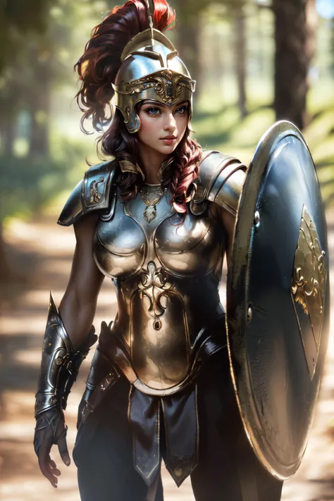 (masterpiece, best quality, ultra detailed, absurdres:1.5), 1girl, (sexy, beautiful woman, perfect face, perfect eyes, perfect female body, toned, medium breasts:1.5), (h0pl1t3, armor, hoplite, helmet, shield, holding sword, <lora:h0pl1t3:0.75>, <lora:NSFWFilter:-1>), (standing, outdoors, forest), perfect lighting, smooth, hdr