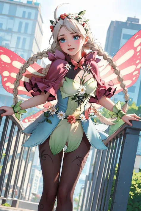 masterpiece, best quality, reaching, <lora:NinaFEHResplendent-bsinky-v1:.95> resNina, hair ornament, twin braids, capelet, flower, ahoge, pantyhose, hairband, wings, hair flower,, sick