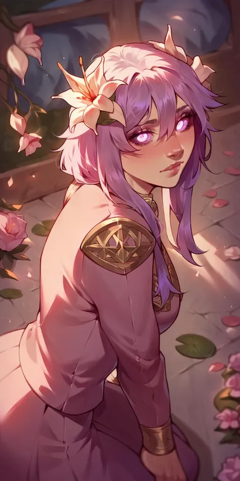 score_9,score_8_up,score_7_up,score_6_up,score_5_up,score_4_up,<lora:aesthetic_witchy:0.6>,witchyaesthetic,1girl,solo,looking at viewer,realistic,blurry background, puce eyes, witchyset39,, source_safe, , purple hair, kneeling, , , suit, , , lily pad, hair between eyes, cowboy shot,portrait,close to face, , , ,<lora:AsuraXL:0.8>,,
