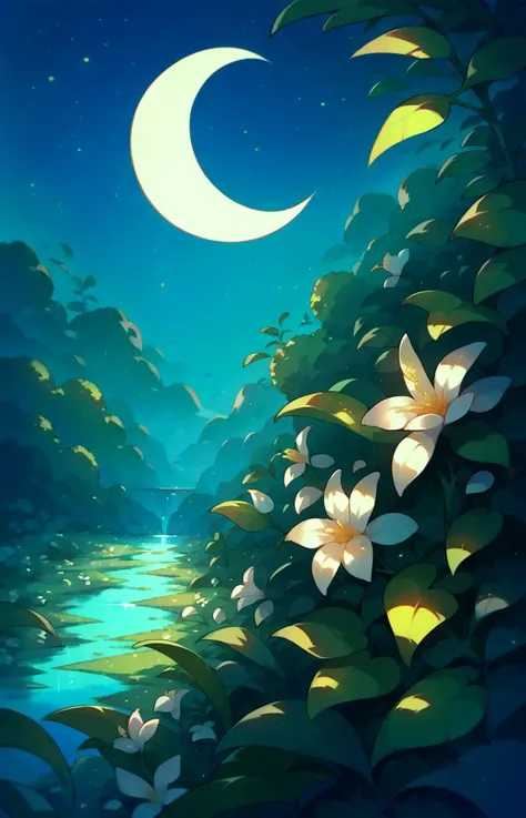 score_9,score_8_up,score_7_up,score_6_up,score_5_up,score_4_up,flower,outdoors,sky,no humans,night,leaf,moon,plant,white flower,scenery,crescent moon,<lora:AsuraXL:0.8>,<lora:Saffy-Vibe-WitchyFantasyCottagecoreAnimeDeath:0.7>,