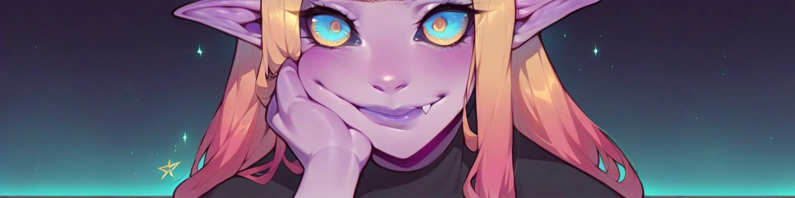 score_9,score_8_up,score_7_up,score_6_up,score_5_up,score_4_up 1girl,solo,long hair,looking at viewer,smile,bangs,blue eyes,simple background,shirt,closed mouth,yellow eyes,upper body,pink hair,short sleeves,multicolored hair,pointy ears,fang,shiny,artist name,hand up,star (symbol),lips,gradient,black shirt,gradient background,gradient hair,makeup,glowing,colored skin,portrait,hand on own face,colored sclera,hand on own cheek,purple lips,pink skin <lora:AsuraXL:0.8>
