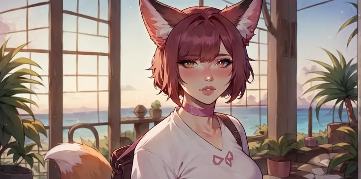 score_9,score_8_up,score_7_up,score_6_up,score_5_up,score_4_up,<lora:aesthetic_witchy:0.6>,witchyaesthetic,witchyset20,1girl,solo,looking at viewer,realistic,blurry background, mauve eyes, witchyset108,, source_explicit,nsfw, fox ears,fox tail, burgundy hair, from behind, , pink choker,, tunic,trousers, , , palm tree, tapered haircut, upper body, , , ,<lora:AsuraXL:0.8>,,