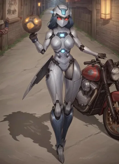 ((best quality)), ((highly detailed)), masterpiece, detailed face, beautiful face, (detailed eyes, deep eyes), (1girl), (glasses), full body, <lora:hairdetailer:.9>, ((android)), robot limbs, robot body, (rose_gold_(material)), mechanization, (metal skin:1.33), lights, LEDs, wires, cables, shiny skin, ball-joints, (metal hair:1.3), (motorcycle helmet, covered face, mask, hidden face, <lora:solidEyes_v70:1>, red eyes, solid eyes, colored sclerae, holding guns, <lora:AsuraV1:.7>