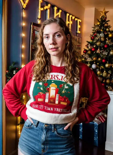 RAW photo of 20 years old allisonpregler-ti, natural lighting, 8k uhd, dslr, high quality, film grain, Fujifilm XT3, <lora:add_detail:0.7>, by Peter Lindbergh, christmas theme, young