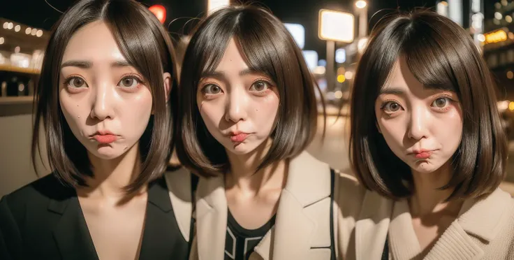 masterpiece, (2women), Japanese, very funny, gold_short_hair, (funny_face:1.2), (pouting her mouth like duck), close-set big eyes, (cyborg:1.5), see-through_bang, 24 years old, (making_piece:1.2), (in_the_city:1.5), <lora:hengao_1:0.8>