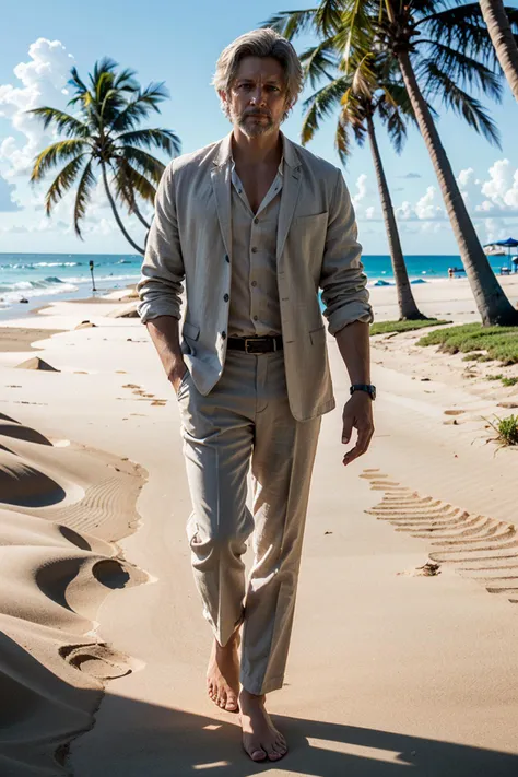 ((masterpiece, best quality))
 <lora:DHank:0.8>
DHank, 1boy, solo, On a sandy beach with a sophisticated twist, linen suit with an unbuttoned shirt, ocean waves and palm trees, walking barefoot in the sand