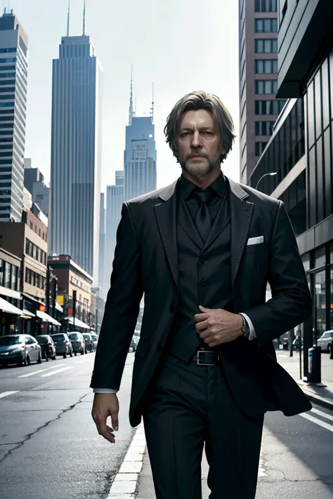 ((masterpiece, best quality))
 <lora:DHank:0.8>
DHank, 1boy, solo, In a modern urban setting, tailored suit and tie, skyscrapers in the background, confidently walking with a cityscape behind