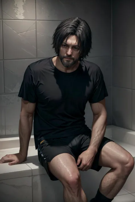 (masterpiece, best quality)
solo, shirt, black hair, 1boy, sitting, male focus, shorts, indoors, facial hair, black shorts, t-shirt, beard, realistic, tiles, tile wall, HankDBH
<lora:epi_noiseoffset2:1>, <lora:add_detail:0.5>, <lora:HankDBH:0.7>