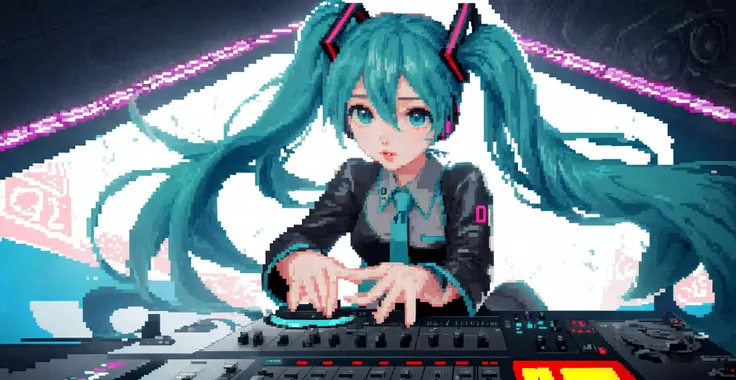 (pixel art_1.1)miku,Concert,Long hair,Double ponytail,Sense of technology 1girl,art by Don Bluth,overhead angle of a Illuminating Impassioned Grace Kelly,DJing,Draconian dashed eyes,Clear skies, still,Art Deco,beautifully lit,extremely detailed CG Unity 8k wallpaper,Pixabay, (Hatsune Miku) (twintails) (parted_lips)