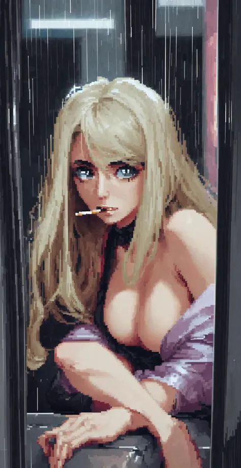 (pixel art_1.1)1girl, (art by Zaha Hadid:0.9), Saturated Alhambresque Palauan penlope cruz, Timeless crazy eyes, empty eyes, Cigarette, from inside of a Manchester, Raining, F/5