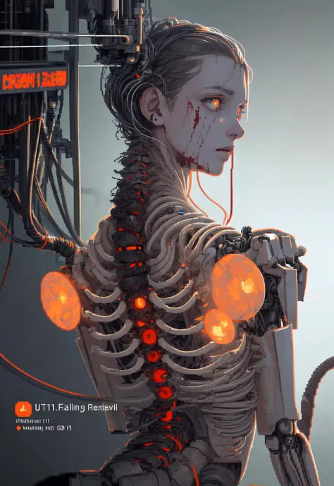 (pixel art_1.1)1mechanical girl,((ultra realistic details)), portrait, global illumination, shadows, octane render, 8k, ultra sharp,metal,intricate, ornaments detailed, cold colors, egypician detail, highly intricate details, realistic light, trending on cgsociety, glowing eyes, facing camera, neon details, machanical limbs,blood vessels connected to tubes,mechanical vertebra attaching to back,mechanical cervial attaching to neck,sitting,wires and cables connecting to head