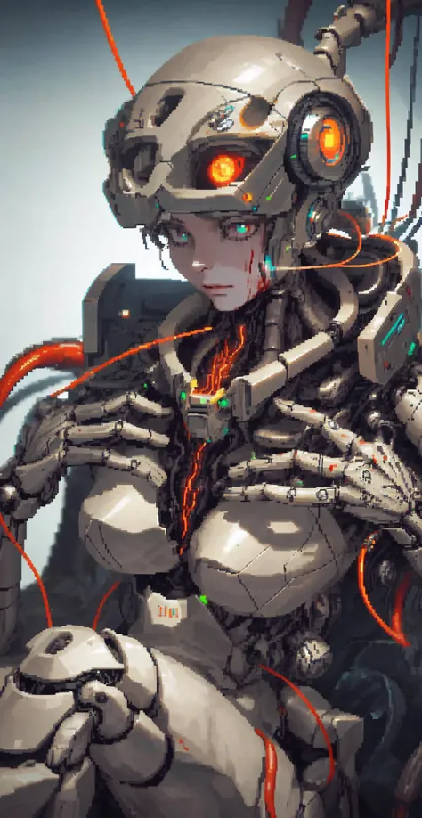 (pixel art_1.1)(pixel art_1.1)1mechanical girl,((ultra realistic details)), portrait, global illumination, shadows, octane render, 8k, ultra sharp,metal,intricate, ornaments detailed, cold colors, egypician detail, highly intricate details, realistic light, trending on cgsociety, glowing eyes, facing camera, neon details, machanical limbs,blood vessels connected to tubes,mechanical vertebra attaching to back,mechanical cervial attaching to neck,sitting,wires and cables connecting to head