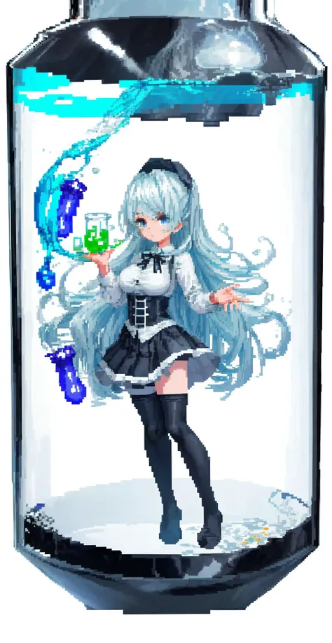 (pixel art_1.1)Close up of characters,((masterpiece,best quality))1girl, solo, black|white skirt, blue eyes, (long hair:1.23) , one side up, white|light blue hair, looking at viewer,standing, pleated skirt, black|white shirt, (black stocking:1.4),black ribbon, background_only,technological_Sense,(large incubation tank filled with green transparent liquid and covered with glass),(green full of water incubation tank),(Transparent cylindrical water tank for experiments filled with liquid)(transparent globular shape glass tank),