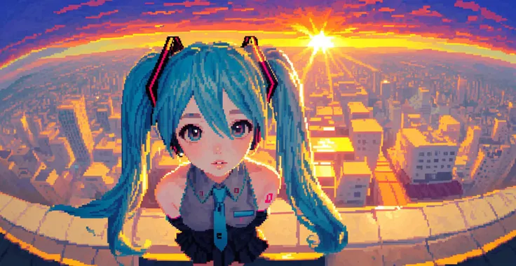 (pixel art_1.1)((masterpiece))((sfw)) (best_quality) (fisheye) (from_above) (blurry_background) (depth_of_field) (caustics) (outdoors) (rooftop) (sunset) (backlighting) (sunlight) (Hatsune Miku) (twintails) (parted_lips)