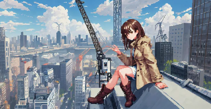 (pixel art_1.1)(masterpiece, best quality),from above , 1girl, solo, billboard, brown eyes, brown hair, building, city, cloudy sky, coat, boots, crane \(machine\), dutch angle, from side, light frown, looking at viewer, outdoors, rooftop, sky, skyscraper
