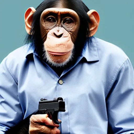 chimp man in a business suit holding a gun