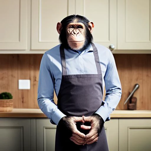 chimp man standing in the kitchen wearing an apron