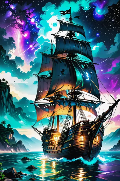 (Pirate ship sailing into a bioluminescence sea with a galaxy in the sky), epic, 4k, ultra,<lora:xl_more_art-full_v1:0.3> <lora:Dreamyvibes artstyle SDXL - Trigger with dreamyvibes artstyle:1> Dreamyvibes Artstyle