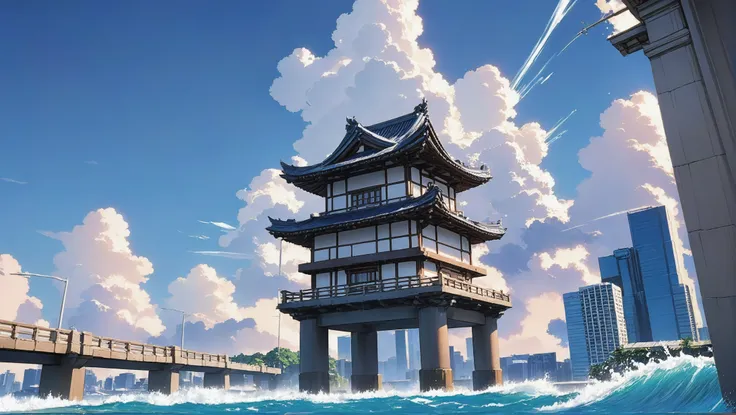 anime background, noon, blue sky, clouds, architecture, "at the Splashing Unfathomable Barrier"<lora:EnvyBetterHiresFixXL01:0@0,0@.49,1@.499:hr=1><lora:EnvyLineArtSliderXL01:-1>