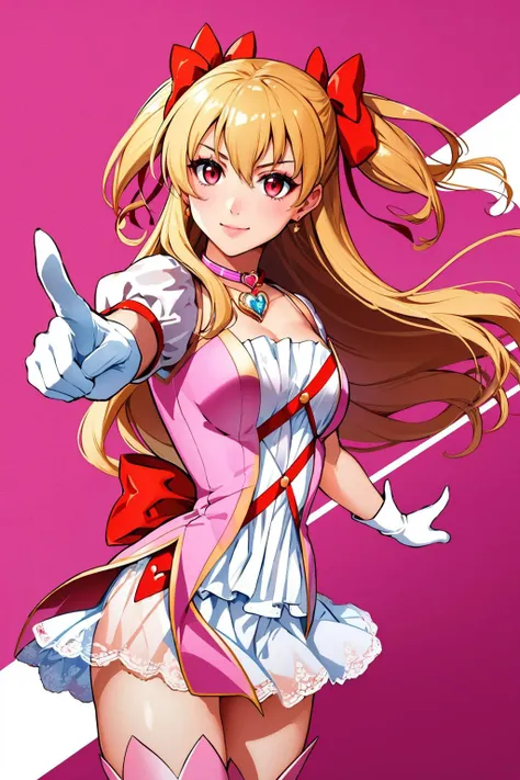 masterpiece, best quality, alisa reinford, mgalisa, two side up, hair bow, magical girl, pink collar, pink dress, white thighhighs, white gloves, cowboy shot, pointing at viewer, furrowed brow, smile, abstract background, motion blur, pink theme <lora:alisa-nvwls-v2-000009:0.9>