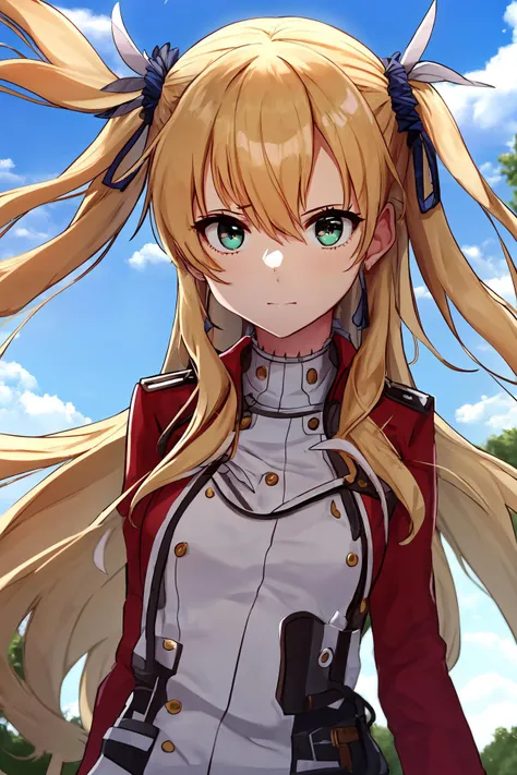 castle, blue sky, outdoors, looking to the side, straight-on
solo, 1girl, upper body, face
alisa reinford, two side up, red jacket, green skirt <lora:alisaReinfordSenNoKiseki_v1:0.8>, (masterpiece, best quality, highres, absurdres, best illumination, illustration, finely detailed beautiful eyes, disheveled hair, shining), lighting on face, shiny face, best lighting, front lighting