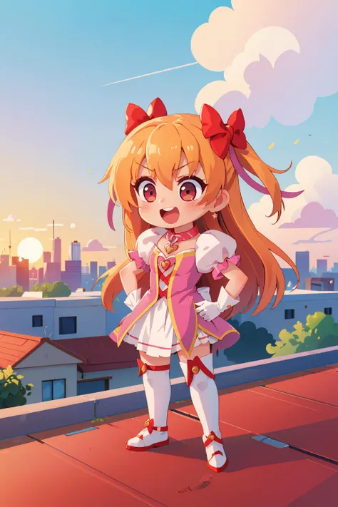 masterpiece, best quality, alisa reinford, mgalisa, two side up, hair bow, magical girl, pink collar, pink dress, white thighhighs, white gloves, standing, chibi, :D, furrowed brow, hands to hips, sky, clouds, sunset, city skyline, standing on roof<lora:alisa-nvwls-v2-000009:0.9>