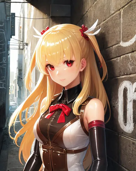 best quality, (masterpiece:1.2), illustration, absurdres, <lora:deluster2:-1>, <lora:hairdetailer:0.5>, <lora:boldline:-1>, <lora:flat2:0.7>,
(1girl, solo, beautiful detailed girl), (upper body, portrait),
<lora:alisa-nvwls-v2:0.9>, Alisa Reinford, blonde hair, long hair, red eyes, medium breasts, two side up, sen2alisa, red bow, sleeveless shirt, pleated skirt, elbow gloves, thigh strap, black thighhighs,
happy, looking at viewer,
(brick wall:1.1), (graffiti:1.1), alleyway, alley, sky, clouds, run down buildings, outstretched arms,