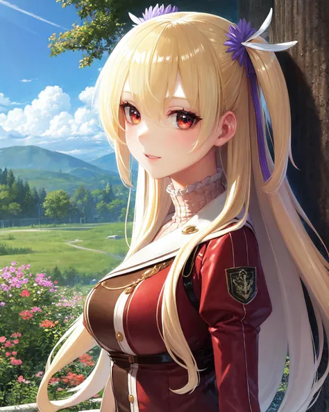 best quality, (masterpiece:1.2), illustration, absurdres, <lora:deluster2:-1>, <lora:hairdetailer:0.5>, <lora:boldline:-1>, <lora:flat2:0.7>,
(1girl, solo, beautiful detailed girl), (upper body, portrait),
<lora:alisa-nvwls-v2:0.9>, two side up, sen1alisa, purple ribbon, turtleneck, red jacket, green miniskirt, brown thighhighs
(smile:0.8), looking at viewer,
magical forest, flowers, distant mountains, sky, clouds,
on side,