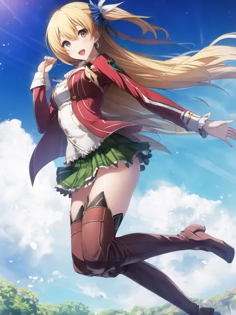 masterpiece, ultra high quality cg, best quality, perfect image, alisa reinford, two side up, red jacket, green skirt, thigh boots, jumping, blue sky