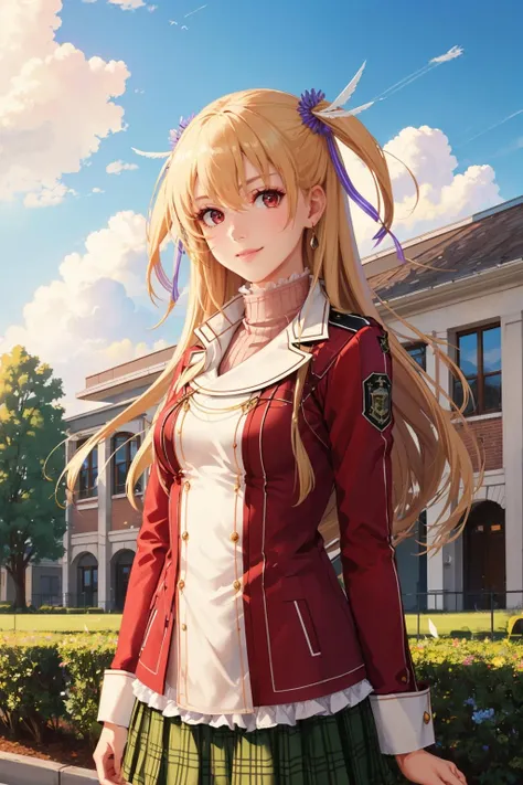 masterpiece, best quality, alisa reinford, sen1alisa, two side up, purple ribbon, turtleneck, red jacket, green miniskirt, upper body, standing, looking at viewer, sky, clouds, school building, outdoors, furrowed brow, smile <lora:alisa-nvwls-v2-000009:0.9>