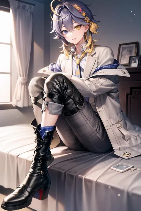 (extremely detailed CG unity 8k wallpaper), (best quality), (ultra-detailed), 1boy, asterarc, standing, looking at viewer, <lora:asterarcadia:0.9>, smiling, shirt, hair ornament, jewelry, long white jacket, plaid pants, boots, tie, heterochromia, bedroom background