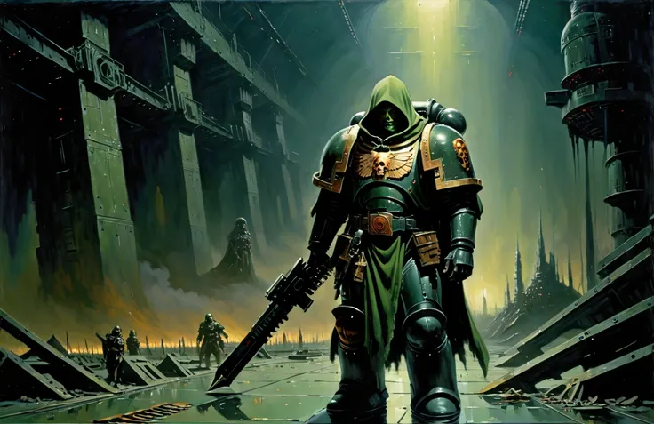 moebius,enki bilal inspired french comics art Celestial Sacrifice, this artwork of a man wearing knight armor, holding bolter, full body, green armor, wearing hood, stands in the distance inside a spacious black factory, blue drawings on the floor, rivers of saturated blood, torn corpses, large space area around, mega structures in the background <lora:primaris_marine-knight_armor-000007:0.7> , Rich crimsons and void-like blacks, baroque drama, oil on canvas, chiaroscuro lighting." and John Berkey Style <lora:John Berkey Style:0.5>, Weird, creepy, disturbing, nightmarish, unsettling. Sharp contrasts, deep shadows, the contrast in colors and textures should be distinct dramatic lighting,vibrant yet slightly desaturated,retro-futuristic