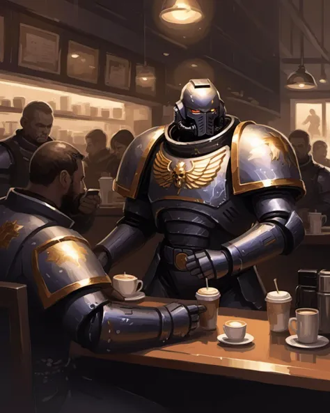 an illustration of a man wearing metallic knight armor ordering a coffee in a busy coffee shop, reflective armor, big shoulders <lora:primaris_marine-knight_armor-000007:0.8>