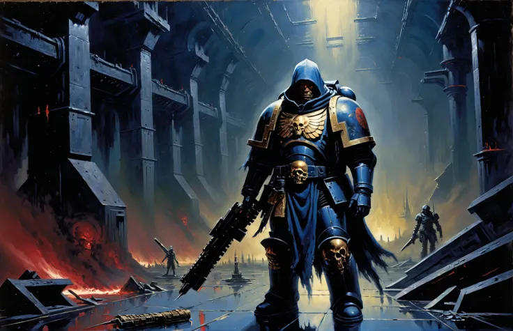 moebius,enki bilal inspired french comics art Celestial Sacrifice, this artwork of a man wearing knight armor, holding bolter, full body, blue armor, wearing hood, stands in the distance inside a spacious black factory, blue drawings on the floor, rivers of saturated blood, torn corpses, large space area around, mega structures in the background <lora:primaris_marine-knight_armor-000007:0.7> , Rich crimsons and void-like blacks, baroque drama, oil on canvas, chiaroscuro lighting." and John Berkey Style <lora:John Berkey Style:0.5>, Weird, creepy, disturbing, nightmarish, unsettling. Sharp contrasts, deep shadows, the contrast in colors and textures should be distinct dramatic lighting,vibrant yet slightly desaturated,retro-futuristic