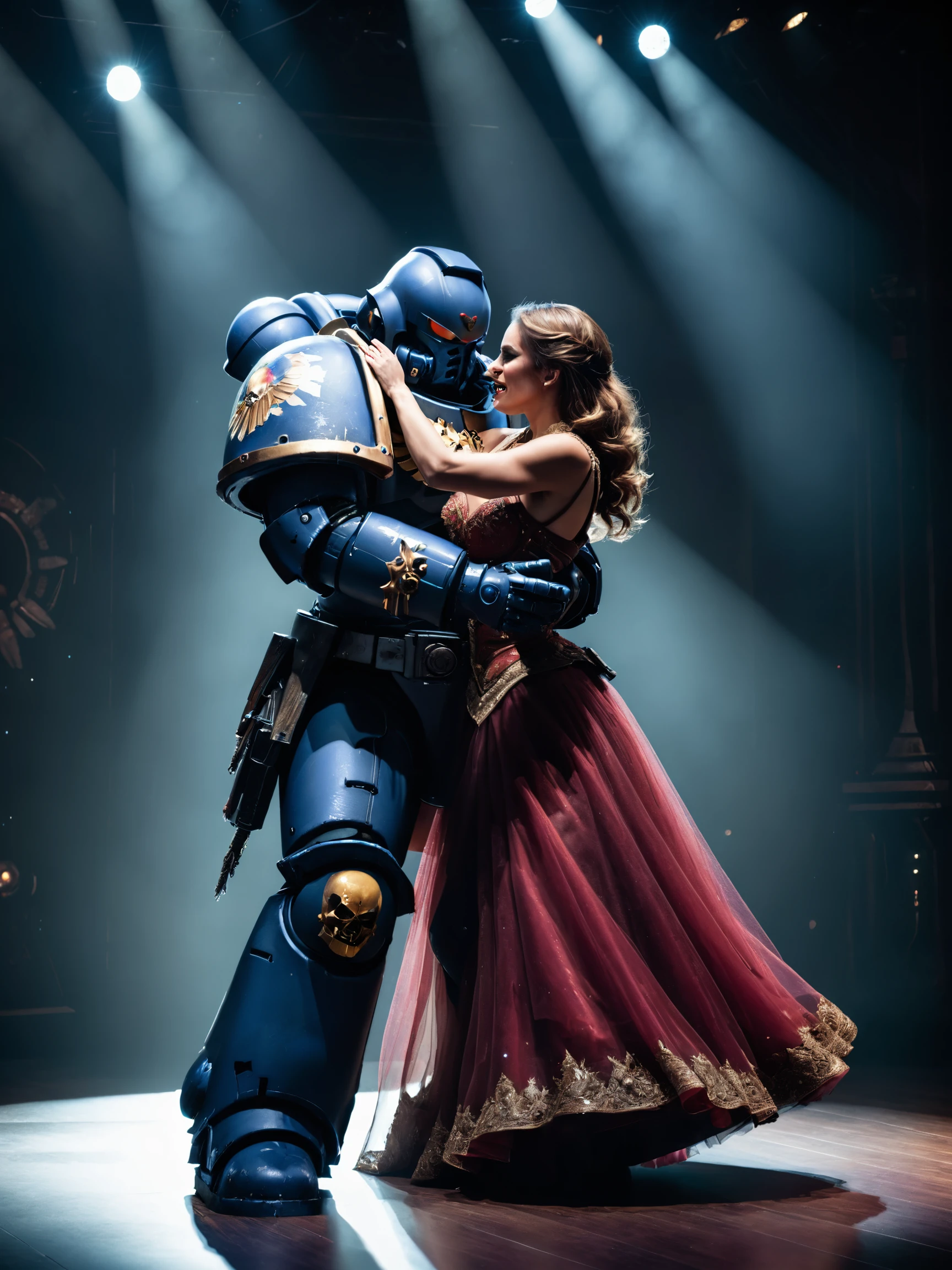 Photo of a space marine, <lora:primaris_marine-knight_armor-000007:0.6>Knight armor, dancing with a beautiful woman in a ball gown on stage, action shot, cinematic lighting