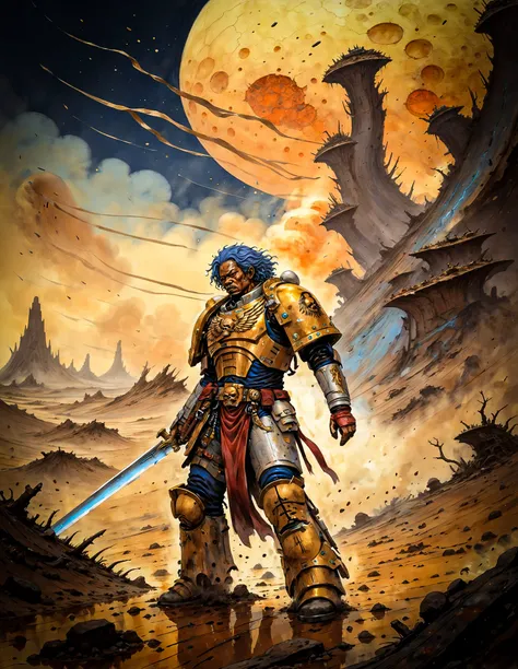 Drawing inspiration from modern masters like Katsuya Terada, zoom of a man holding power Sword, trudging in a barren wasteland, pockmarked craters, muddy pools, <lora:primaris_marine-knight_armor-000007:0.7>, meticulous detailing,fluid watercolor techniques,subtle emotional nuances,soft ambient lighting, vibrant colors